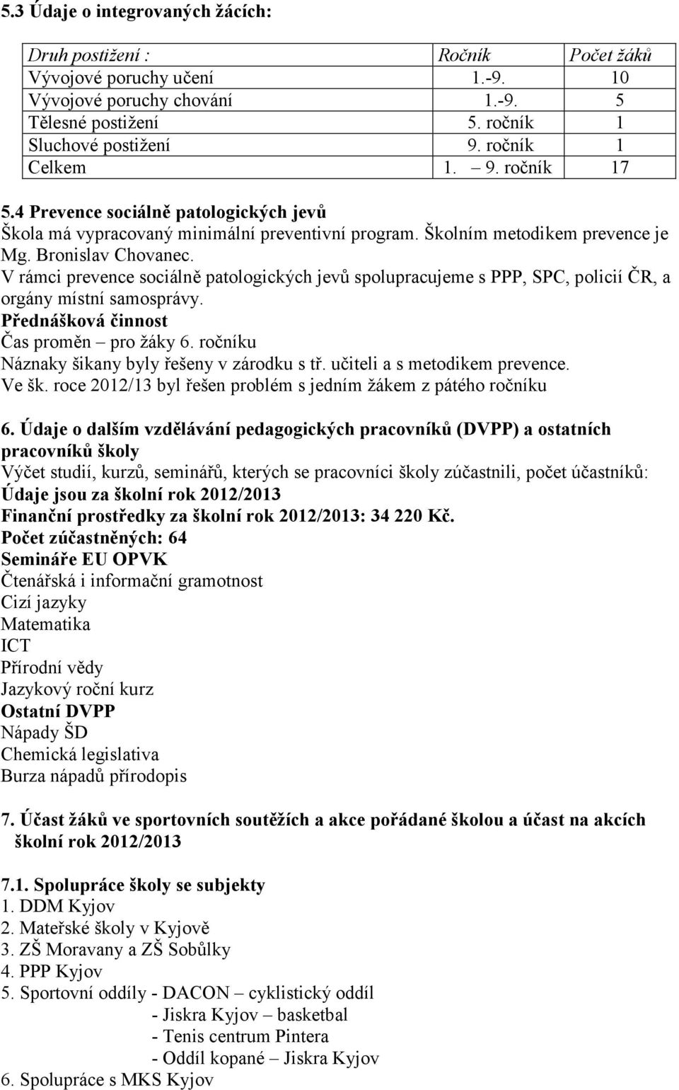 V rámci prevence sociálně patologických jevů spolupracujeme s PPP, SPC, policií ČR, a orgány místní samosprávy. Přednášková činnost Čas proměn pro žáky 6.