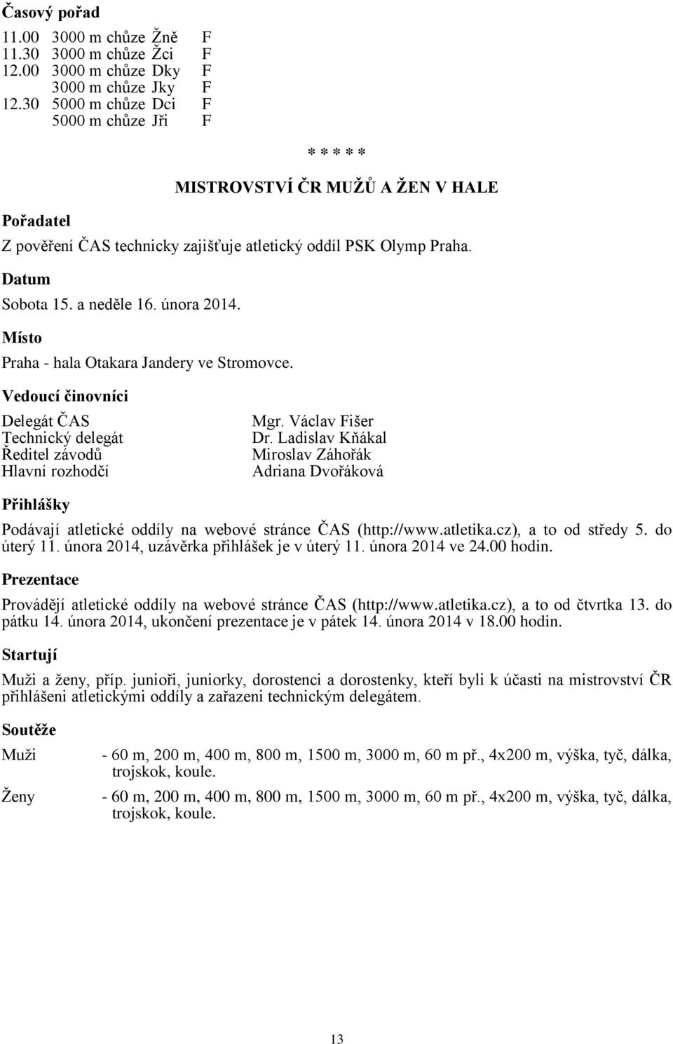 Praha - hala Otakara Jandery ve Stromovce. Vedoucí činovníci Delegát ČAS Technický delegát Ředitel závodů Hlavní rozhodčí Mgr. Václav Fišer Dr.
