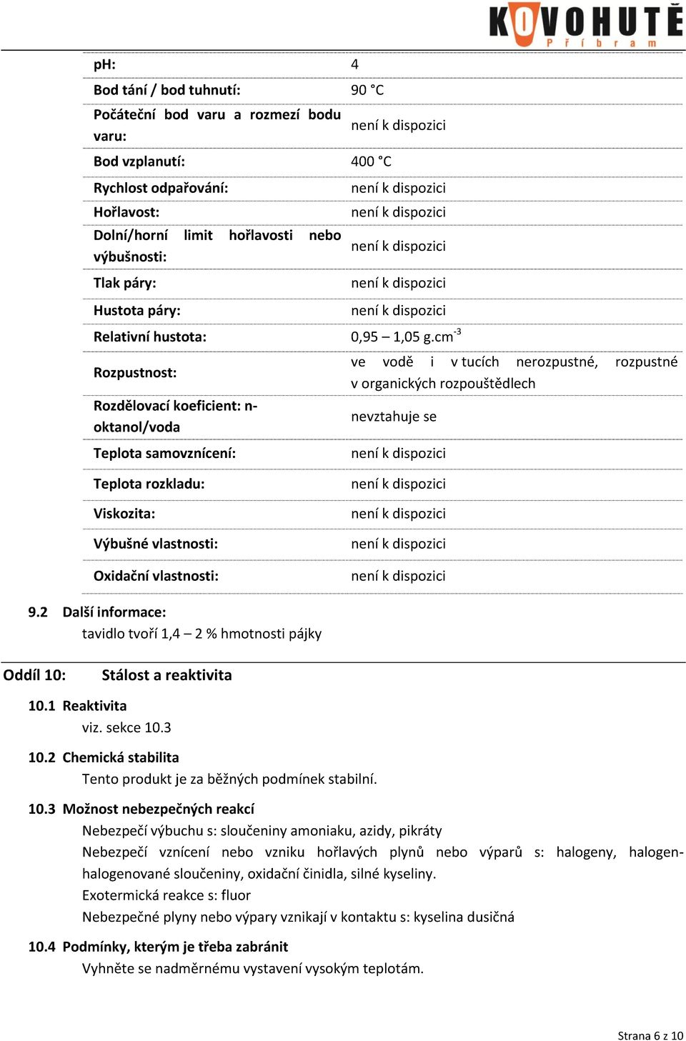 cm -3 Rozpustnost: Rozdělovací koeficient: n- oktanol/voda Teplota samovznícení: ve vodě i v tucích nerozpustné, rozpustné v organických rozpouštědlech Teplota rozkladu: Viskozita: Výbušné