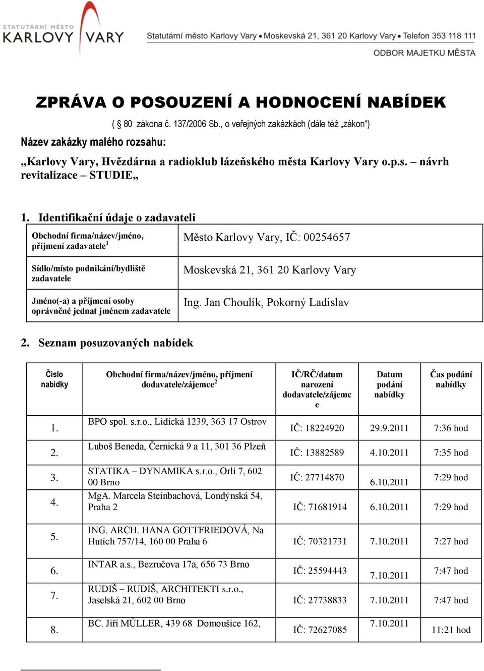 Identifikační údaje o zadavateli Obchodní firma/název/jméno, Město Karlovy Vary, IČ: 00254657 příjmení zadavatele 1 Sídlo/místo podnikání/bydliště zadavatele Jméno(-a) a příjmení osoby oprávněné