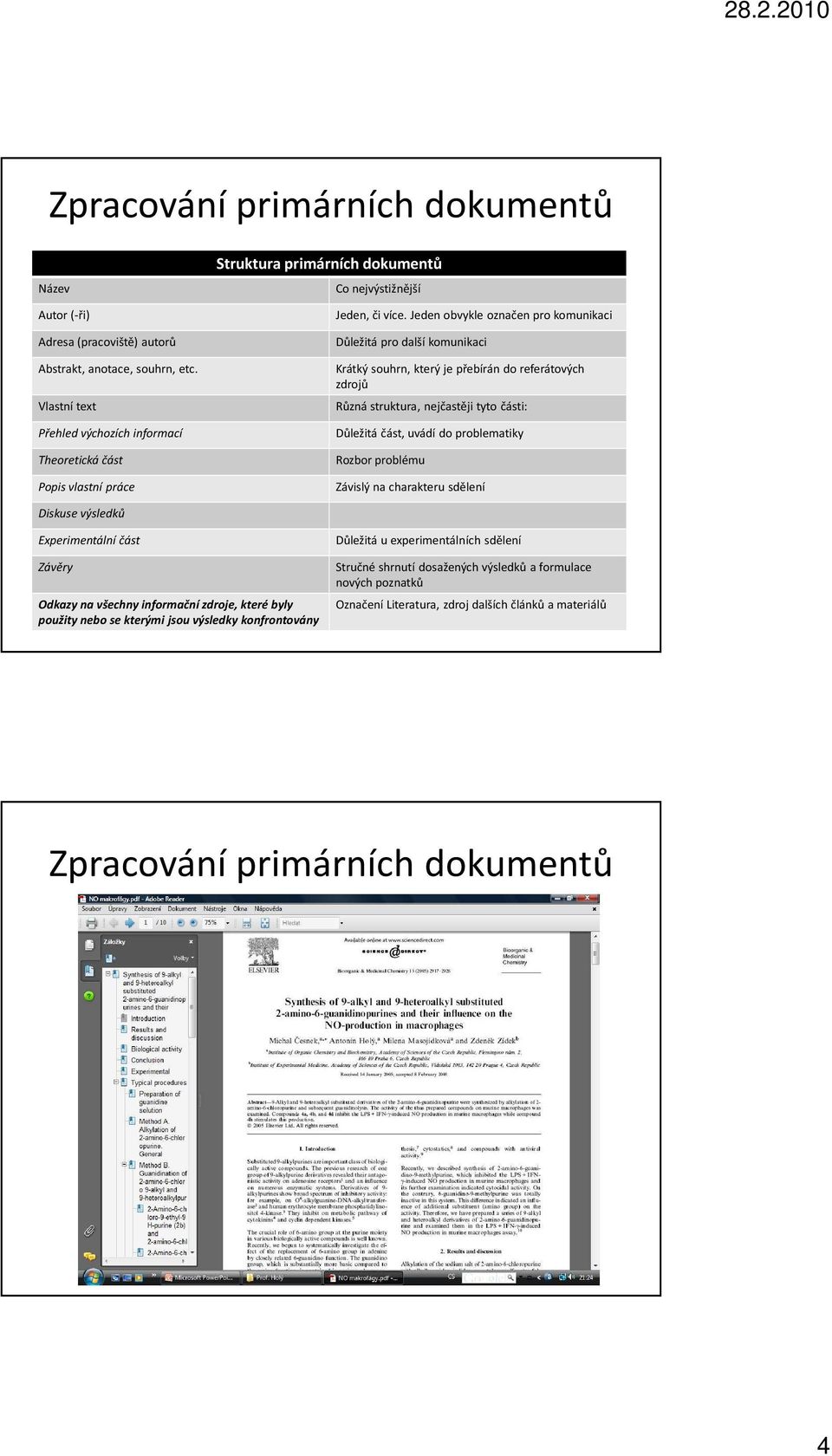 Jeden obvykle označen pro komunikaci Důležitá pro další komunikaci Krátký souhrn, který je přebírán do referátových zdrojů Různá struktura, nejčastěji tyto části: Důležitá část, uvádí do problematiky