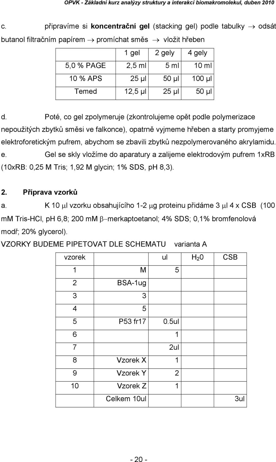Poté, co gel zpolymeruje (zkontrolujeme opět podle polymerizace nepoužitých zbytků směsi ve falkonce), opatrně vyjmeme hřeben a starty promyjeme elektroforetickým pufrem, abychom se zbavili zbytků
