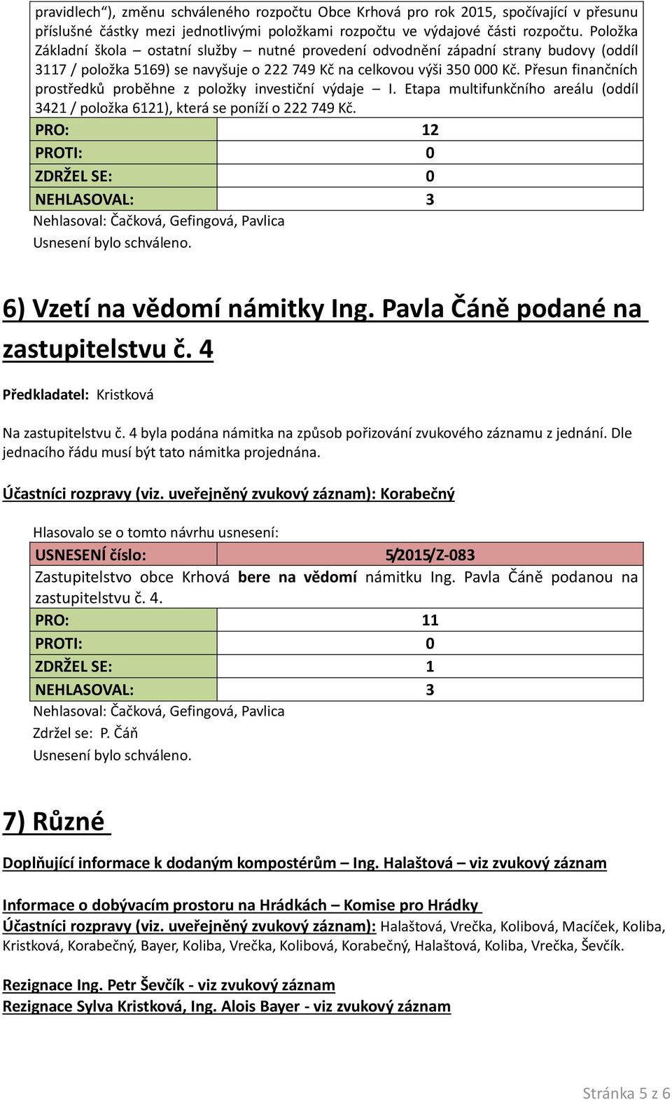 Přesun finančních prostředků proběhne z položky investiční výdaje I. Etapa multifunkčního areálu (oddíl 3421 / položka 6121), která se poníží o 222 749 Kč. 6) Vzetí na vědomí námitky Ing.