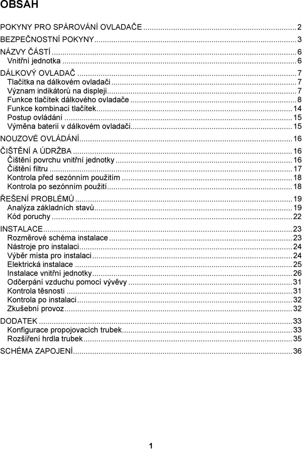 .. 16 Čištění povrchu vnitřní jednotky... 16 Čištění filtru... 17 Kontrola před sezónním použitím... 18 Kontrola po sezónním použití... 18 ŘEŠENÍ PROBLÉMŮ... 19 Analýza základních stavů.