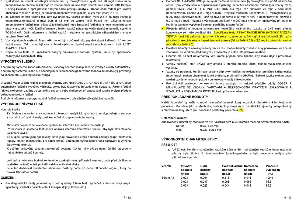 Je žádoucí naředit vzorek tak, aby byl naředěný vzorek odečten mezi 2,5 a 15 mg/l v séru a heparinizované plazmě a mezi 0,25 a 1,5 mg/l ve vzorku moči.