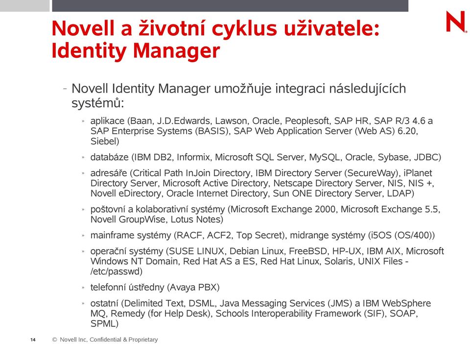 20, Siebel) databáze (IBM DB2, Informix, Microsoft SQL Server, MySQL, Oracle, Sybase, JDBC) adresáře (Critical Path InJoin Directory, IBM Directory Server (SecureWay), iplanet Directory Server,