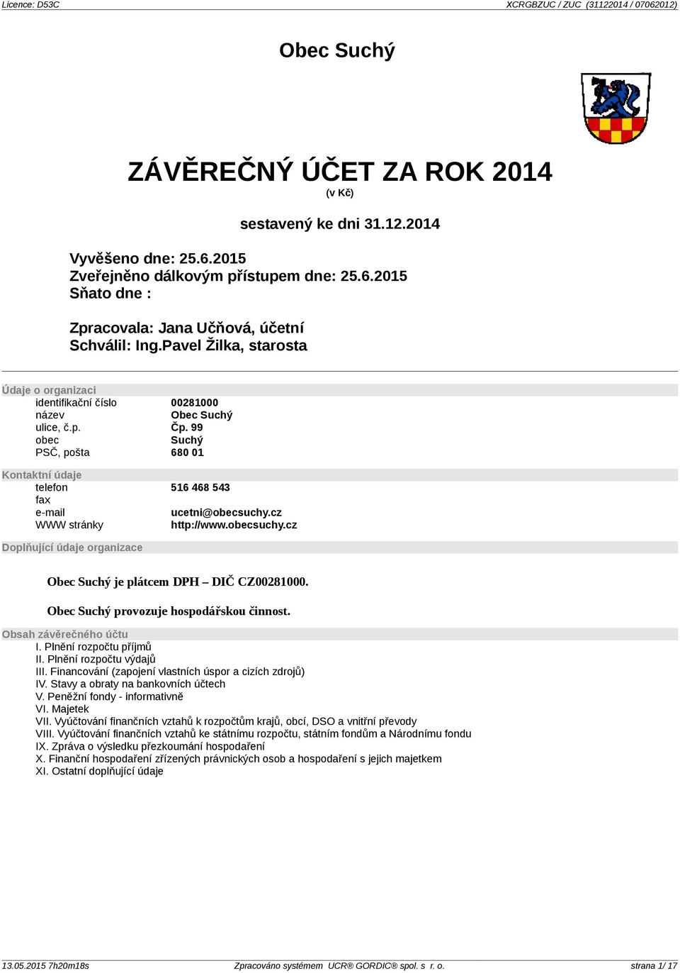 cz WWW stránky http://www.obecsuchy.cz Doplňující údaje organizace Obec Suchý je plátcem DPH DIČ CZ00281000. Obec Suchý provozuje hospodářskou činnost. Obsah závěrečného účtu I.