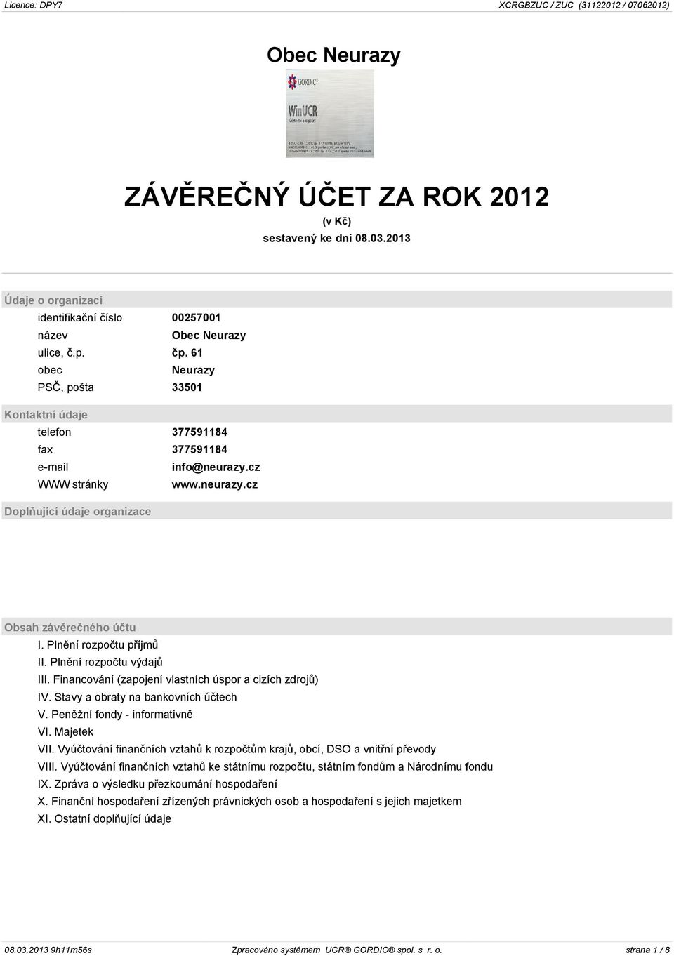 Plnění rozpočtu příjmů II. Plnění rozpočtu výdajů III. Financování (zapojení vlastních úspor a cizích zdrojů) IV. Stavy a obraty na bankovních účtech V. Peněžní fondy - informativně VI. Majetek VII.