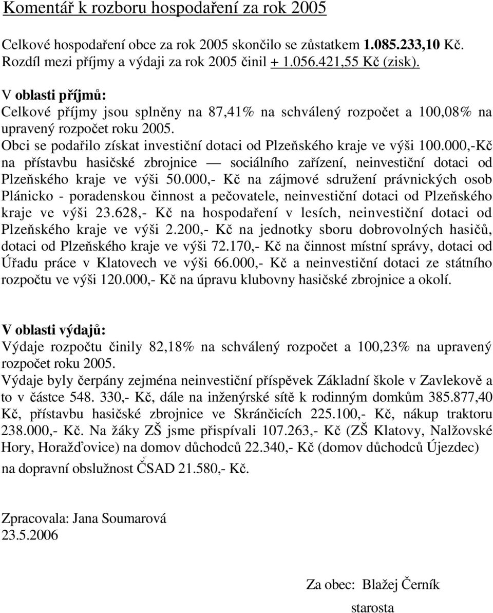 000,-Kč na přístavbu hasičské zbrojnice sociálního zařízení, neinvestiční dotaci od Plzeňského kraje ve výši 50.