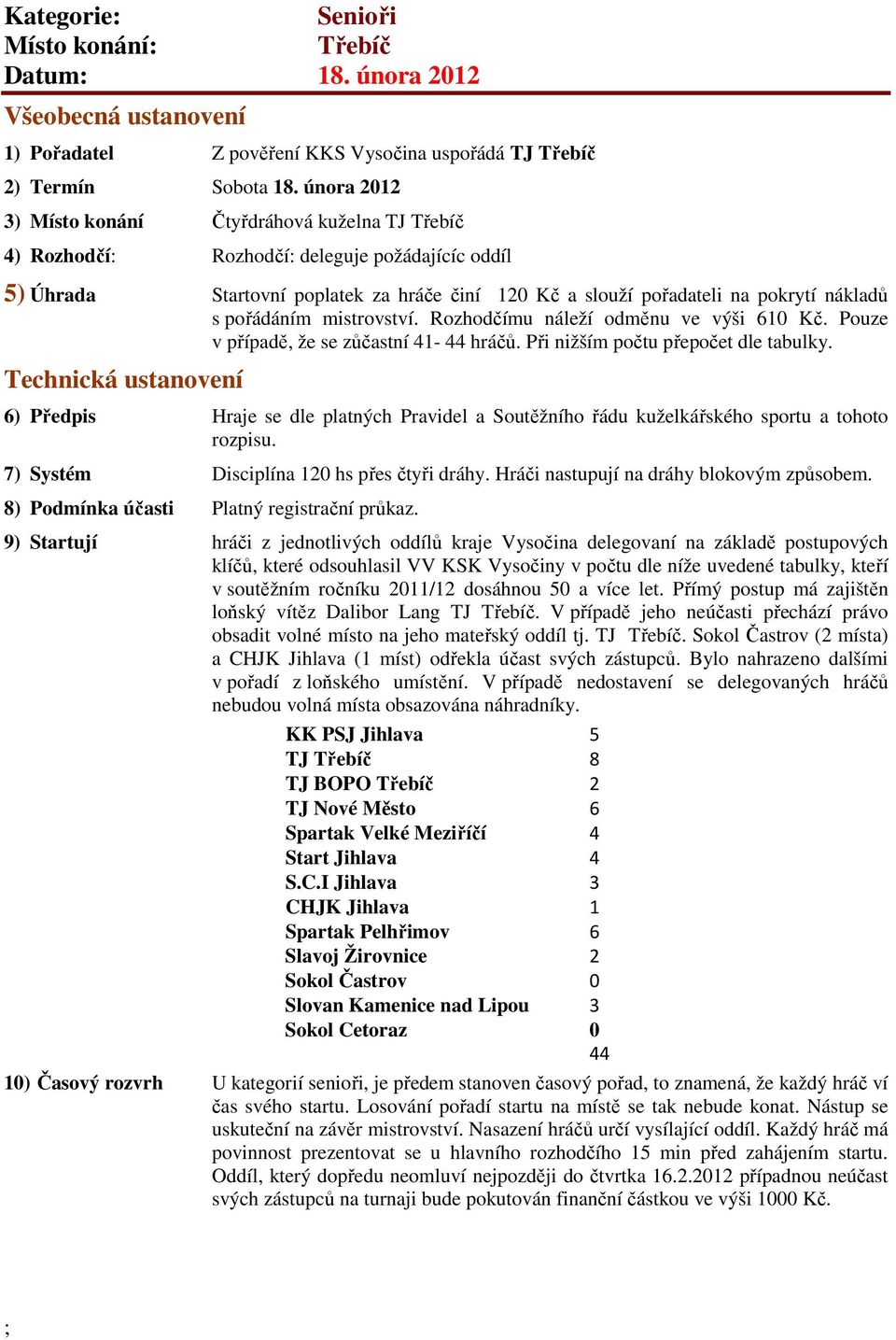 pořádáním mistrovství. Rozhodčímu náleží odměnu ve výši 610 Kč. Pouze v případě, že se zůčastní 41-44 hráčů. Při nižším počtu přepočet dle tabulky.