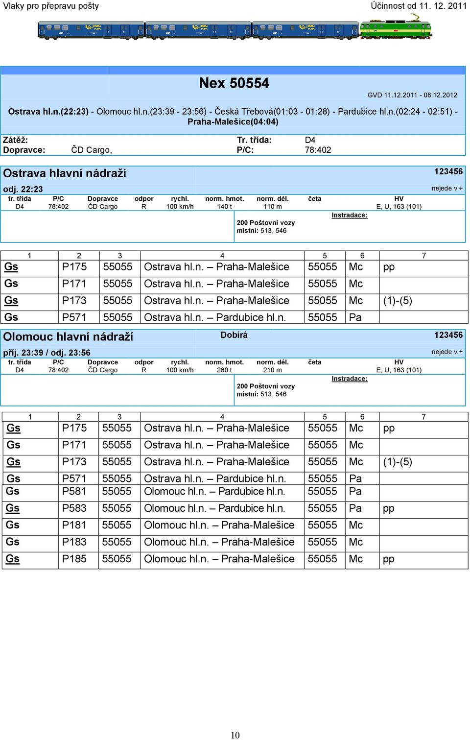 n. Praha-Malešice 55055 Mc Gs P173 55055 Ostrava hl.n. Praha-Malešice 55055 Mc (1)-(5) Gs P571 55055 Ostrava hl.n. Pardubice hl.n. 55055 Pa Olomouc hlavní nádraží Dobírá 123456 příj. 23:39 / odj.