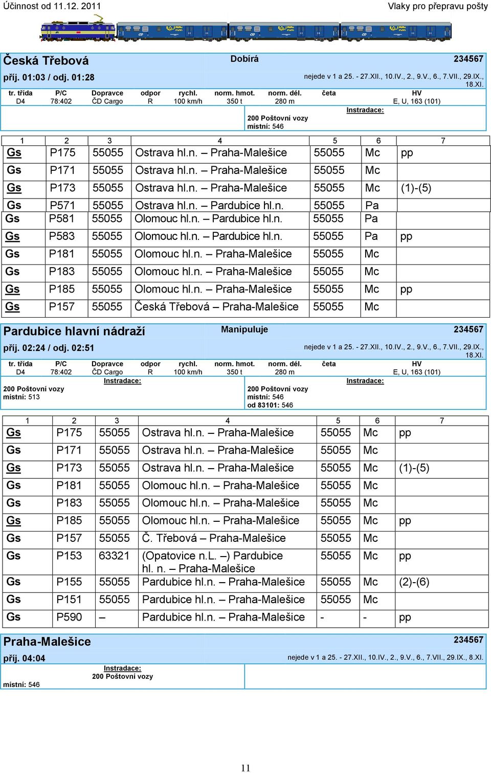 n. Praha-Malešice 55055 Mc (1)-(5) Gs P571 55055 Ostrava hl.n. Pardubice hl.n. 55055 Pa Gs P581 55055 Olomouc hl.n. Pardubice hl.n. 55055 Pa Gs P583 55055 Olomouc hl.n. Pardubice hl.n. 55055 Pa pp Gs P181 55055 Olomouc hl.