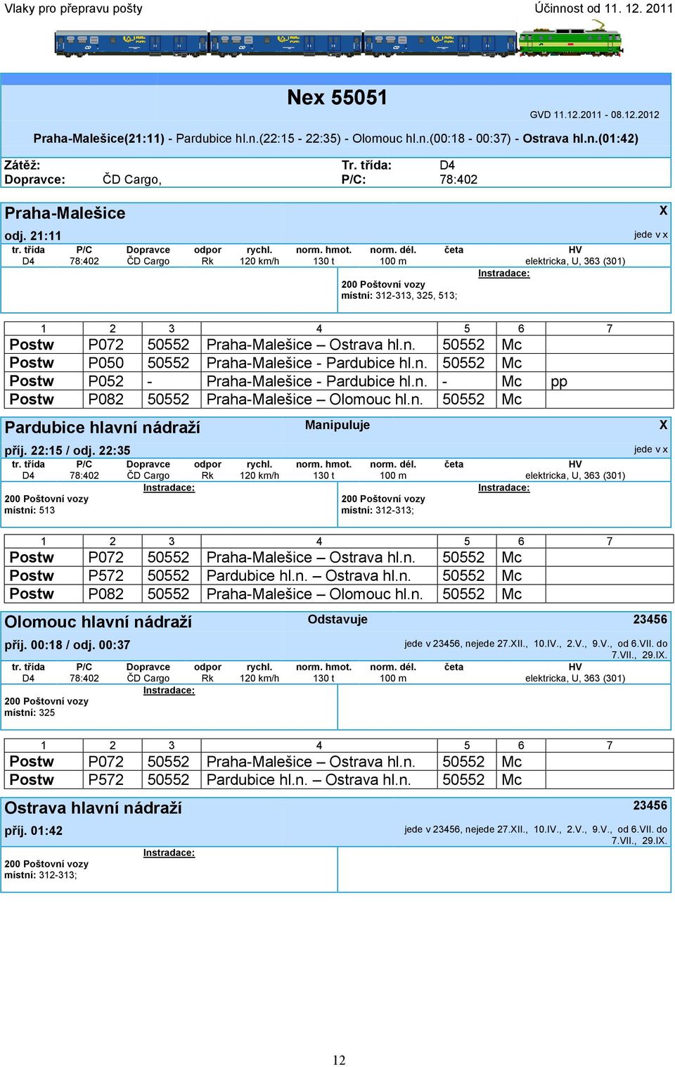 21:11 D4 78:402 ČD Cargo Rk 120 km/h 130 t 100 m elektricka, U, 363 (301) místní: 312-313, 325, 513; X jede v x Postw P072 50552 Praha-Malešice Ostrava hl.n. 50552 Mc Postw P050 50552 Praha-Malešice - Pardubice hl.