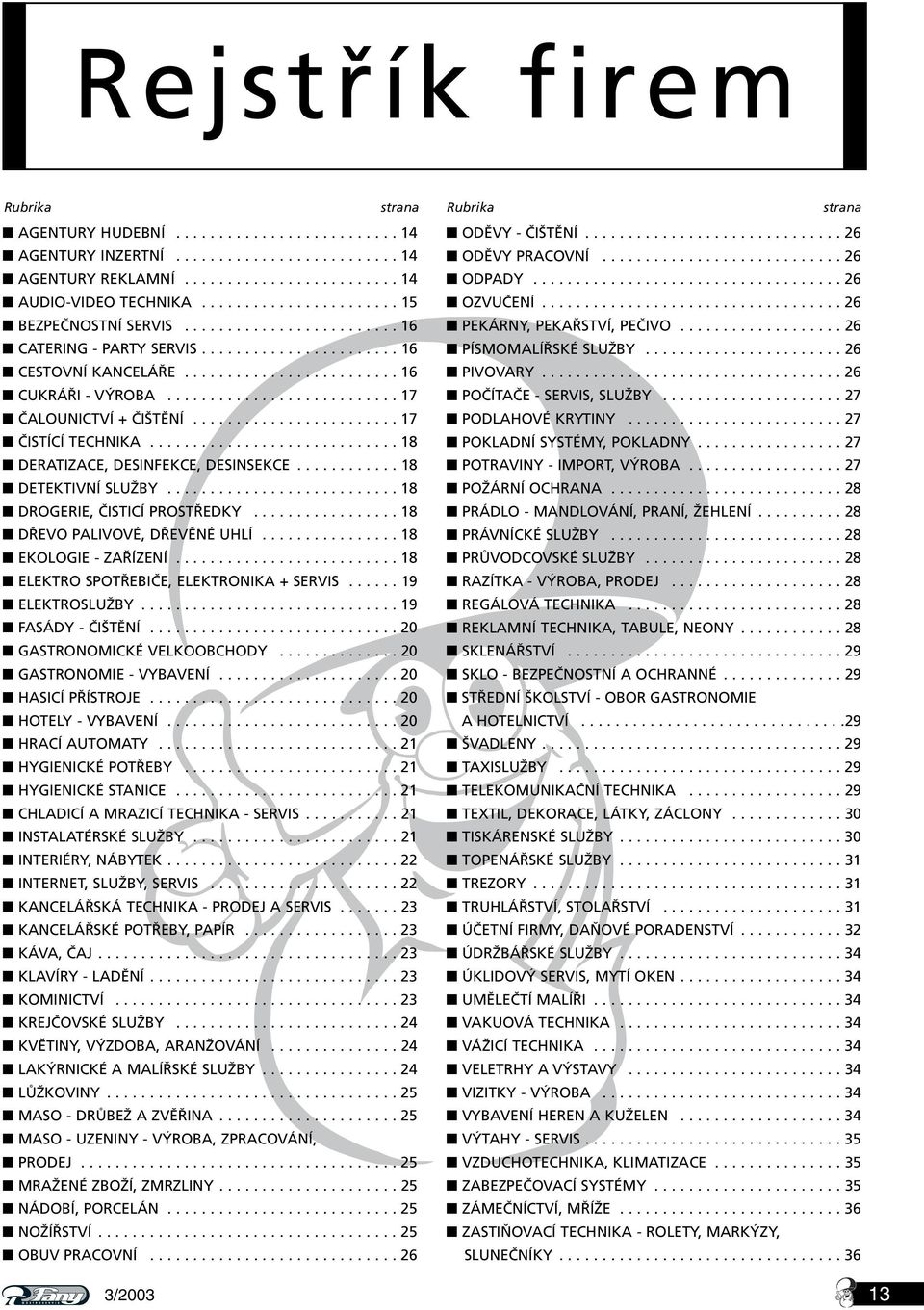 .......................... 17 ČALOUNICTVÍ + ČIŠTĚNÍ........................ 17 ČISTÍCÍ TECHNIKA............................. 18 DERATIZACE, DESINFEKCE, DESINSEKCE............ 18 DETEKTIVNÍ SLUŽBY.