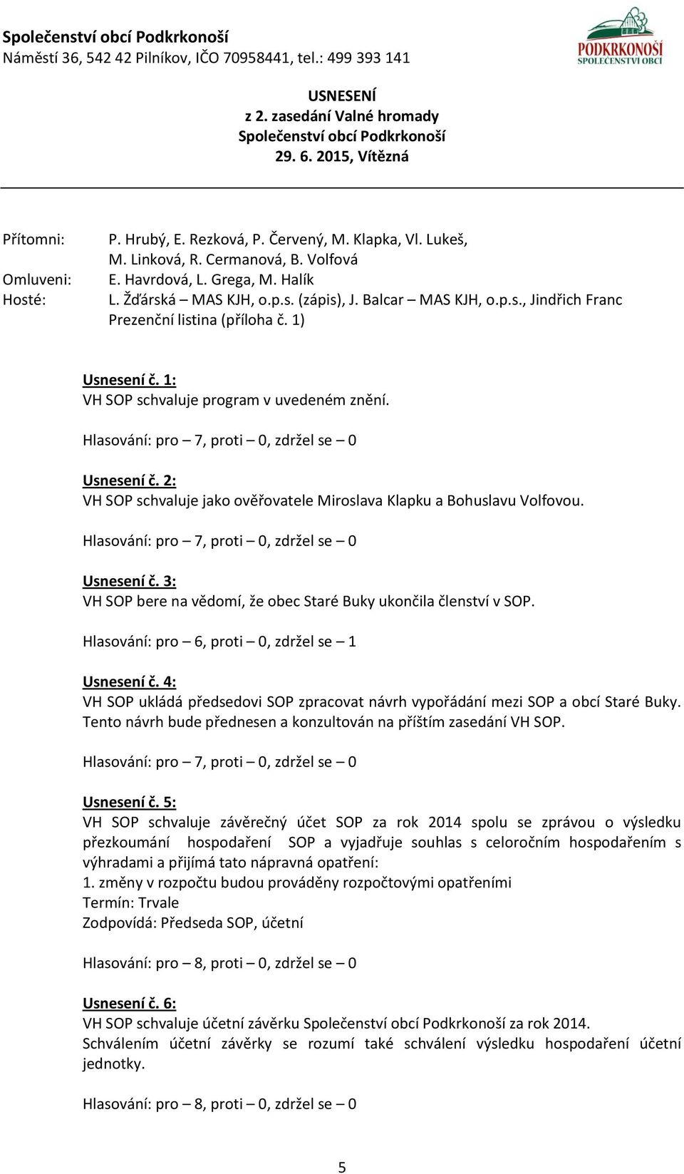 1: VH SOP schvaluje program v uvedeném znění. Usnesení č. 2: VH SOP schvaluje jako ověřovatele Miroslava Klapku a Bohuslavu Volfovou. Usnesení č. 3: VH SOP bere na vědomí, že obec Staré Buky ukončila členství v SOP.