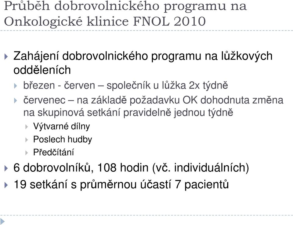 požadavku OK dohodnuta změna na skupinová setkání pravidelně jednou týdně Výtvarné dílny Poslech