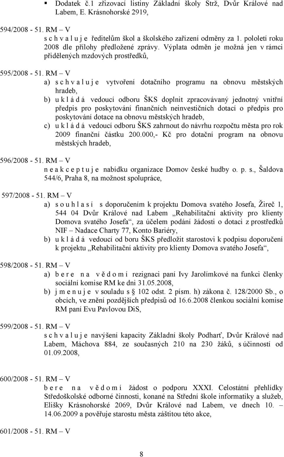 RM V a) s c h v a l u j e vytvoření dotačního programu na obnovu městských hradeb, b) u k l á d á vedoucí odboru ŠKS doplnit zpracovávaný jednotný vnitřní předpis pro poskytování finančních