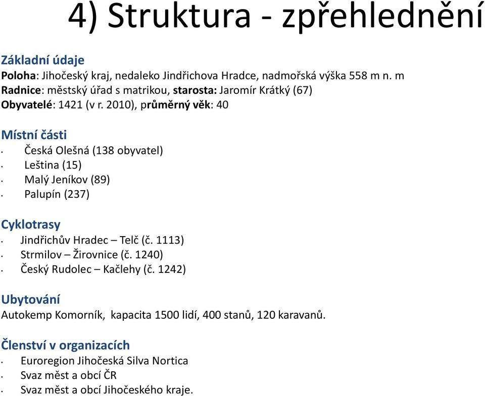 2010), průměrný věk: 40 Místní části Česká Olešná (138 obyvatel) Leština (15) Malý Jeníkov (89) Palupín (237) Cyklotrasy Jindřichův Hradec Telč (č.