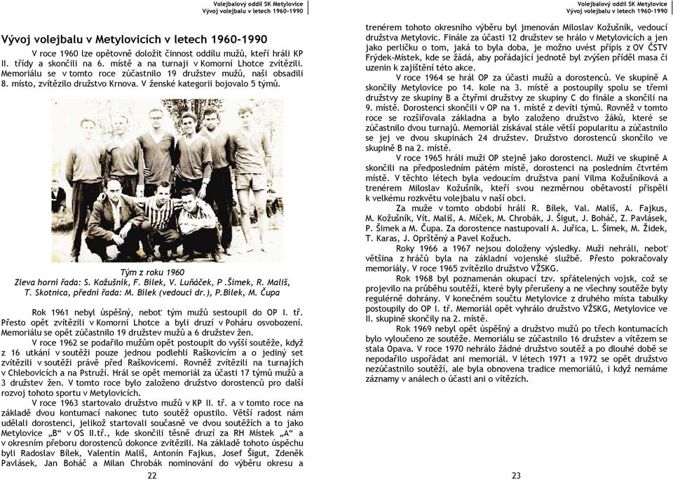 Tým z roku 1960 Zleva horní řada: S. Kožušník, F. Bílek, V. Luňáček, P.Šimek, R. Mališ, T. Skotnica, přední řada: M. Bílek (vedoucí dr.), P.Bílek, M.