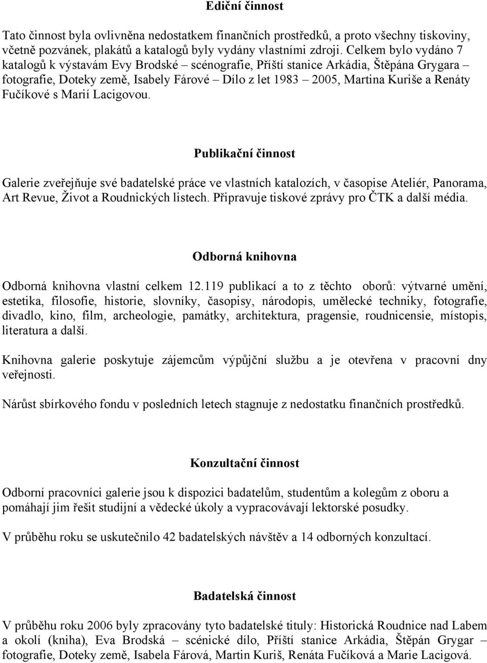 Fučíkové s Marií Lacigovou. Publikační činnost Galerie zveřejňuje své badatelské práce ve vlastních katalozích, v časopise Ateliér, Panorama, Art Revue, Život a Roudnických listech.