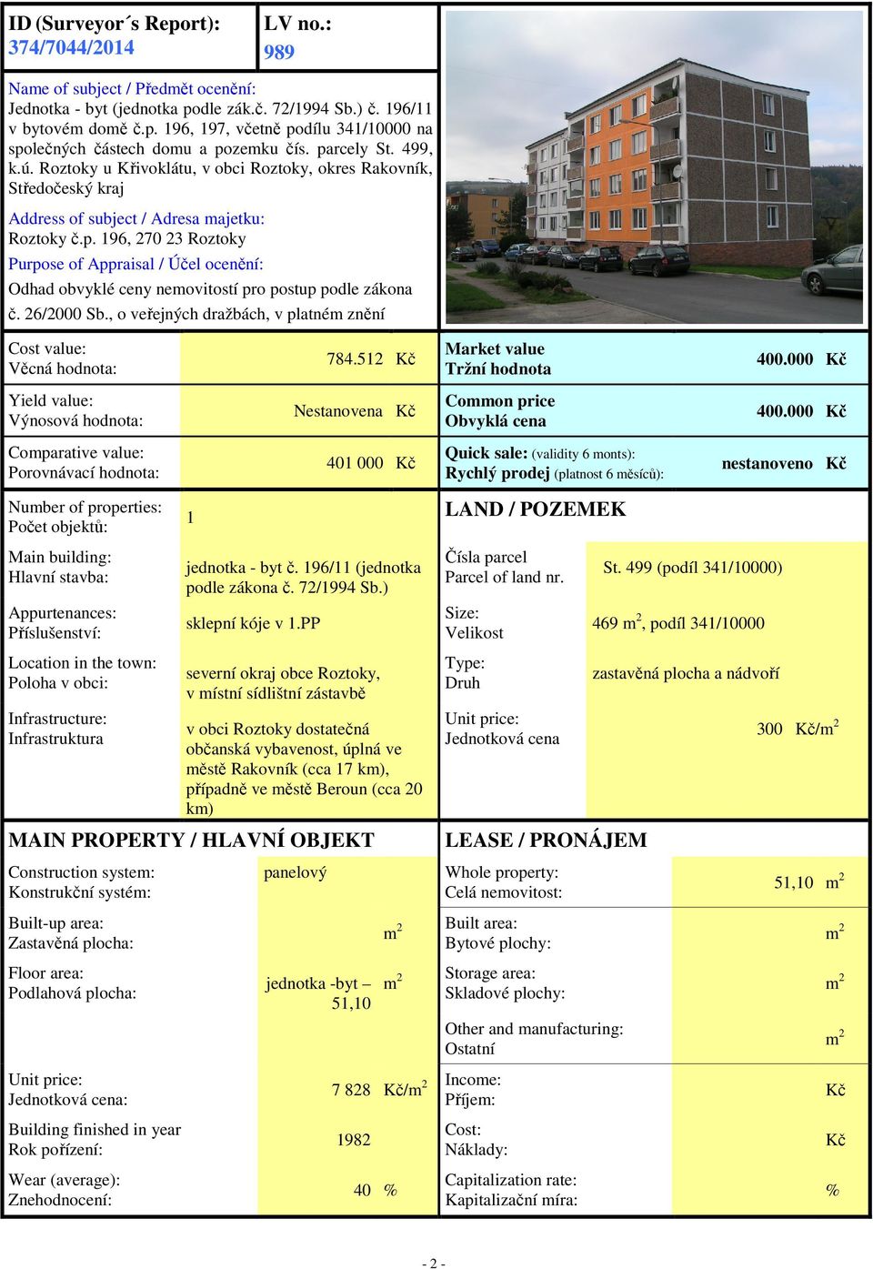 26/2000 Sb., o veřejných dražbách, v platném znění Cost value: Věcná hodnota: Yield value: Výnosová hodnota: 784.512 Kč Market value Tržní hodnota 400.