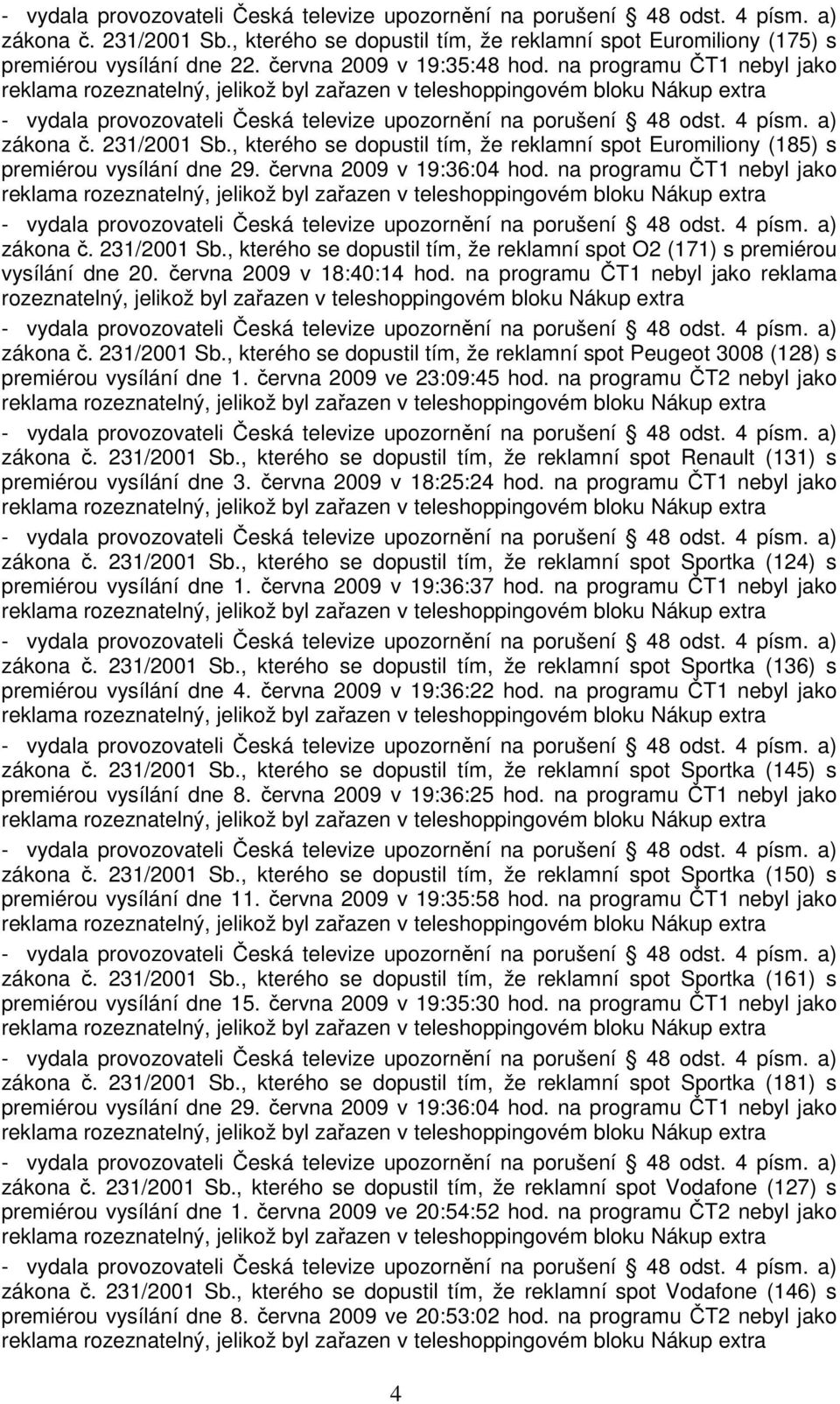 na programu ČT1 nebyl jako reklama rozeznatelný, jelikož byl zařazen v teleshoppingovém bloku Nákup extra zákona č. 231/2001 Sb.