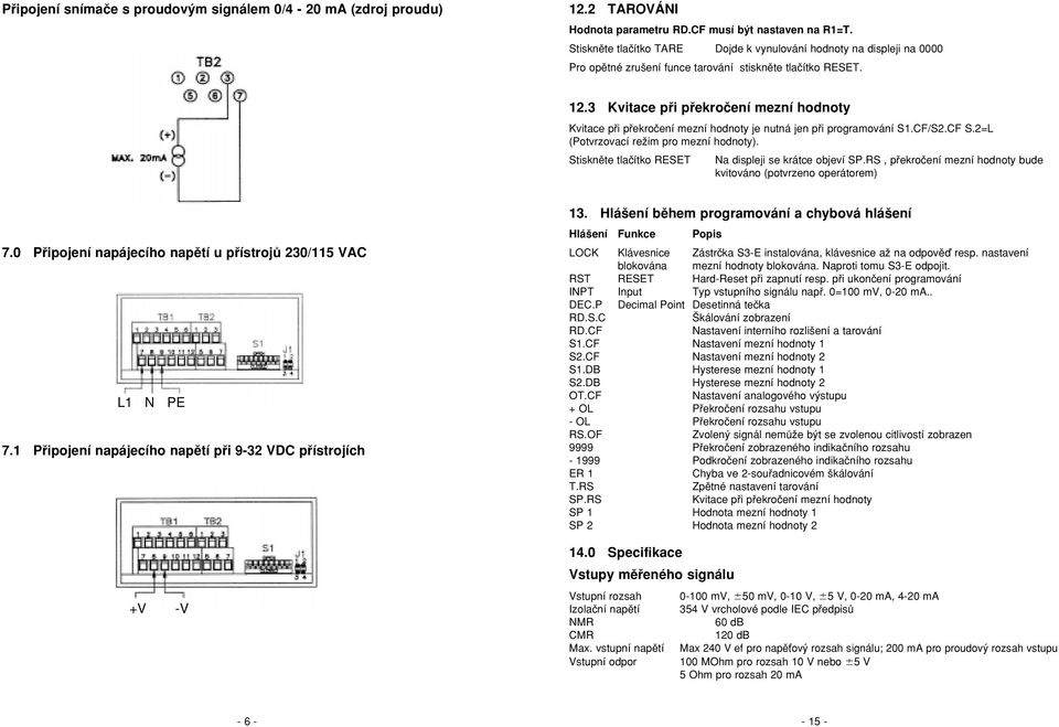 3 Kvitace pfii pfiekroãení mezní hodnoty Kvitace pfii pfiekroãení mezní hodnoty je nutná jen pfii programování S1.CF/S2.CF S.2=L (Potvrzovací reïim pro mezní hodnoty).