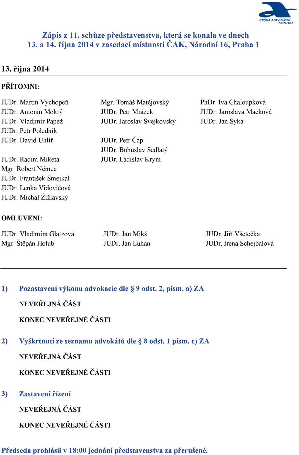 Bohuslav Sedlatý JUDr. Ladislav Krym PhDr. Iva Chaloupková JUDr. Jaroslava Macková JUDr. Jan Syka OMLUVENI: JUDr. Vladimíra Glatzová Mgr. Štěpán Holub JUDr. Jan Mikš JUDr. Jan Luhan JUDr.