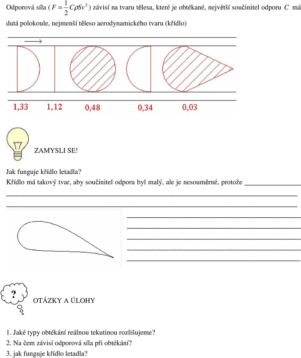 Jak funguje křídlo letadla Křídlo má takový tvar, aby součinitel odoru byl malý, ale je