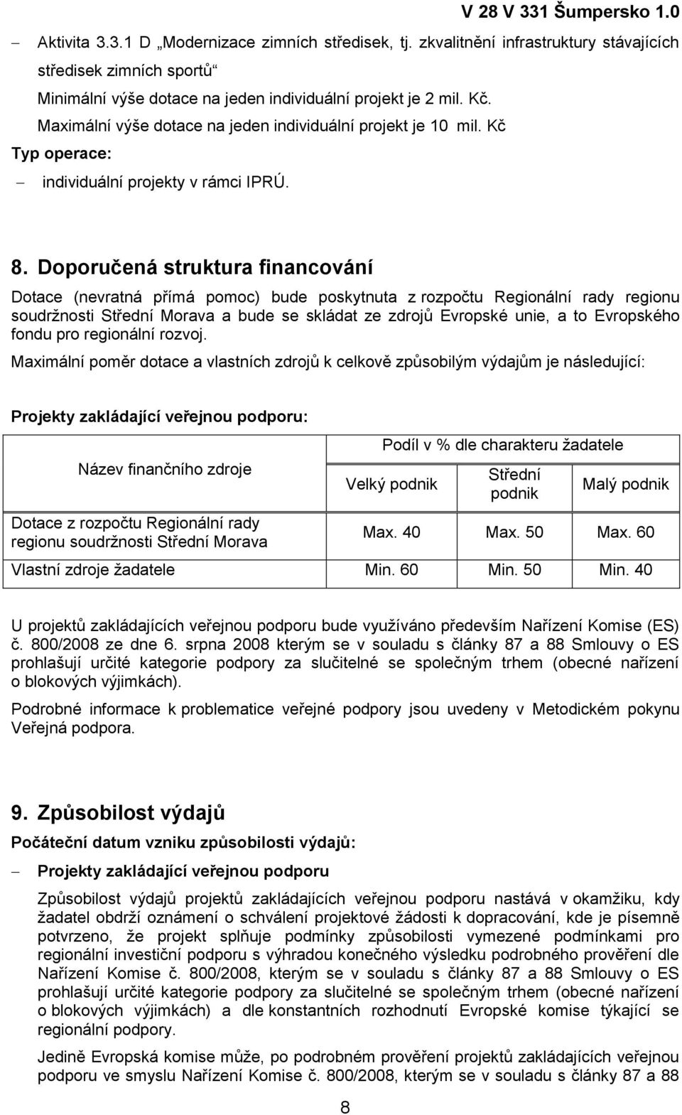Doporučená struktura financování Dotace (nevratná přímá pomoc) bude poskytnuta z rozpočtu Regionální rady regionu soudrţnosti Střední Morava a bude se skládat ze zdrojů Evropské unie, a to Evropského