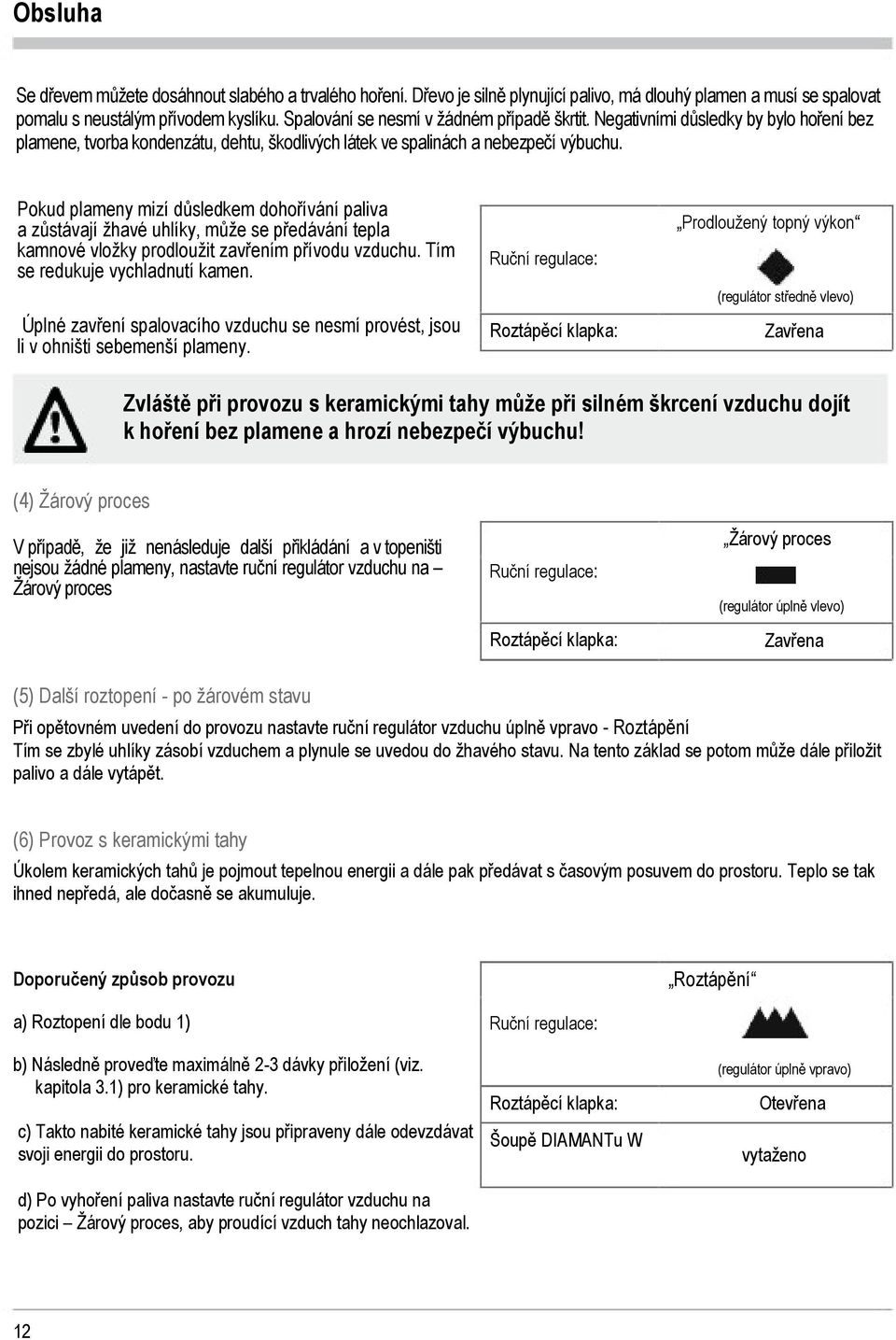 Pokud plameny mizí důsledkem dohořívání paliva a zůstávají žhavé uhlíky, může se předávání tepla kamnové vložky prodloužit zavřením přívodu vzduchu. Tím se redukuje vychladnutí kamen.