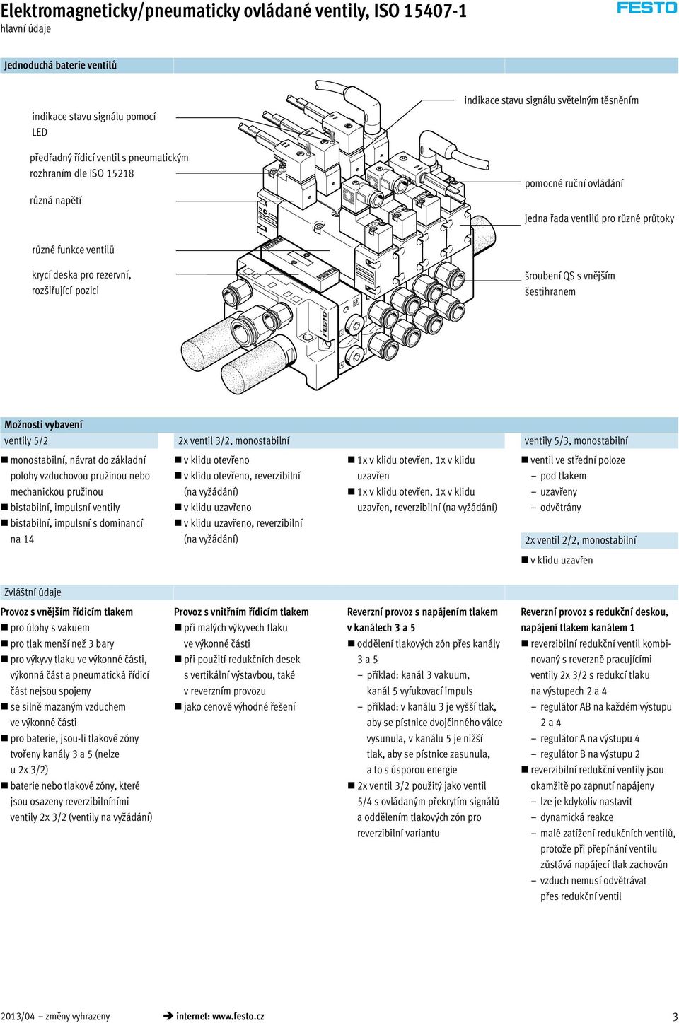 vnějším šestihranem Možnosti vybavení ventily 5/2 2x ventil 3/2, monostabilní ventily 5/3, monostabilní monostabilní, návrat do základní polohy vzduchovou pružinou nebo mechanickou pružinou