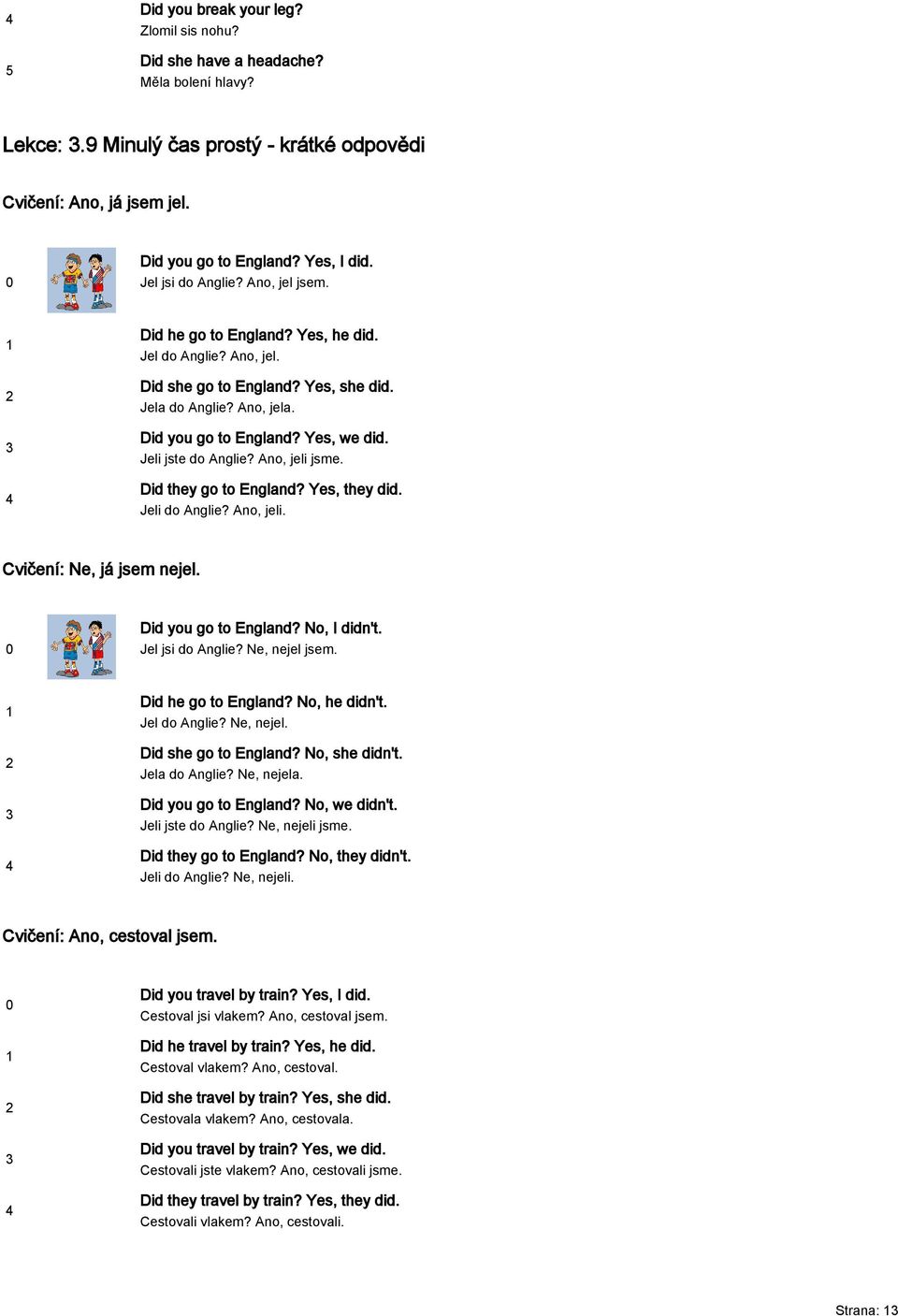 Jeli jste do Anglie? Ano, jeli jsme. Did they go to England? Yes, they did. Jeli do Anglie? Ano, jeli. Cvičení: Ne, já jsem nejel. Did you go to England? No, I didn't. Jel jsi do Anglie?
