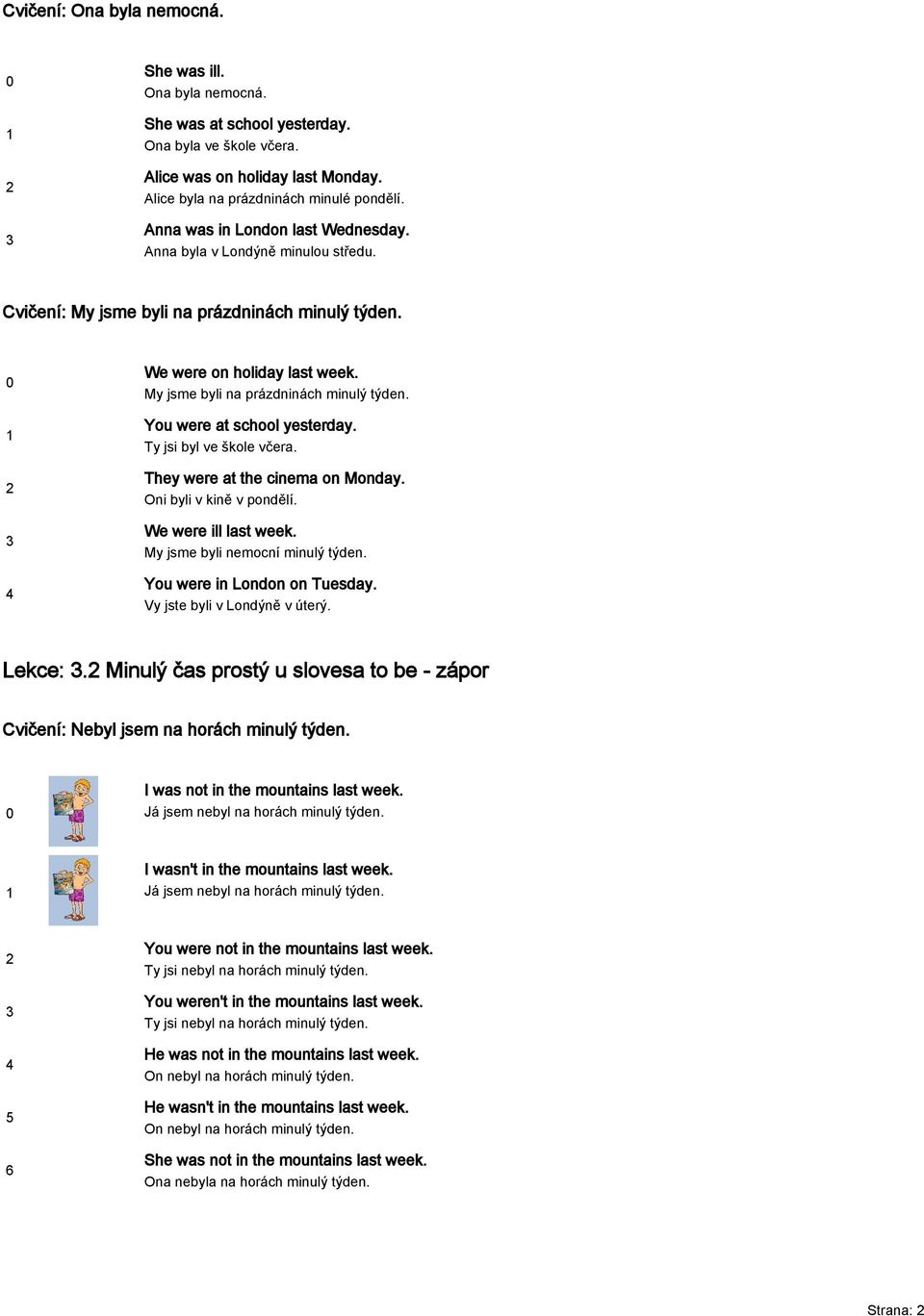 Ty jsi byl ve škole včera. They were at the cinema on Monday. Oni byli v kině v pondělí. We were ill last week. My jsme byli nemocní minulý týden. You were in London on Tuesday.