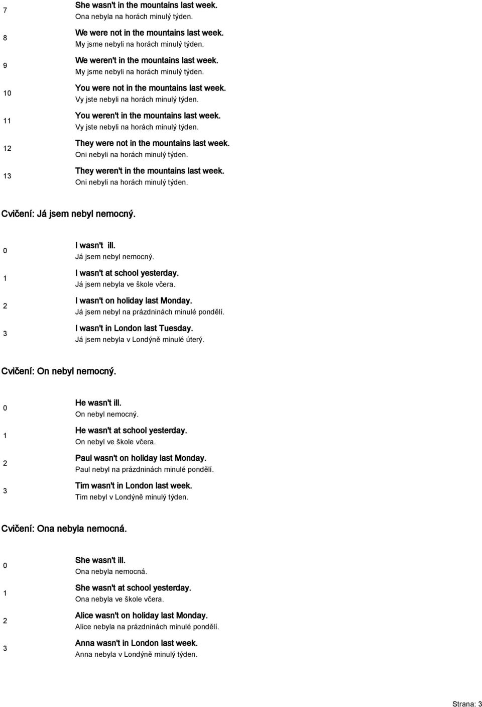 Oni nebyli na horách minulý týden. They weren't in the mountains last week. Oni nebyli na horách minulý týden. Cvičení: Já jsem nebyl nemocný. I wasn't ill. Já jsem nebyl nemocný. I wasn't at school yesterday.