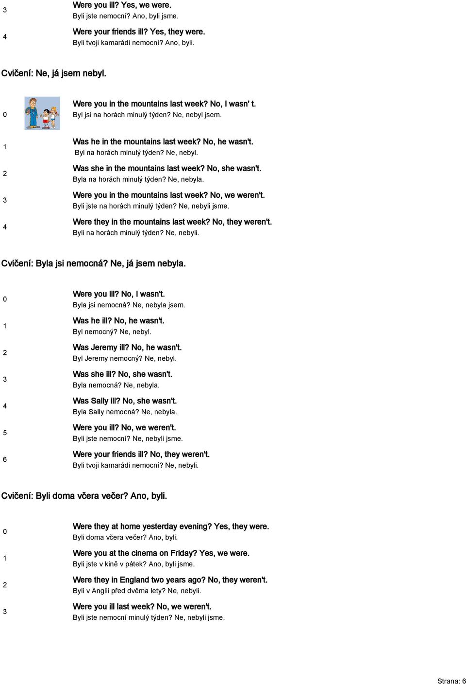 No, she wasn't. Byla na horách minulý týden? Ne, nebyla. Were you in the mountains last week? No, we weren't. Byli jste na horách minulý týden? Ne, nebyli jsme. Were they in the mountains last week?
