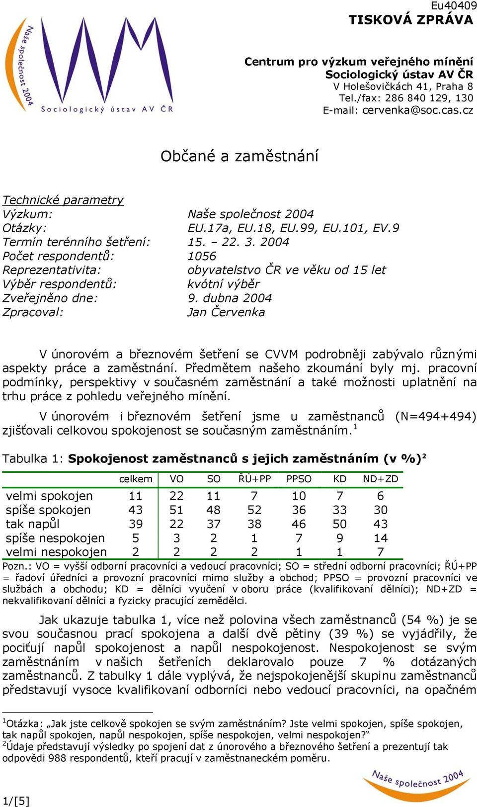 2004 Počet respondentů: 1056 Reprezentativita: obyvatelstvo ČR ve věku od 15 let Výběr respondentů: kvótní výběr Zveřejněno dne: 9.