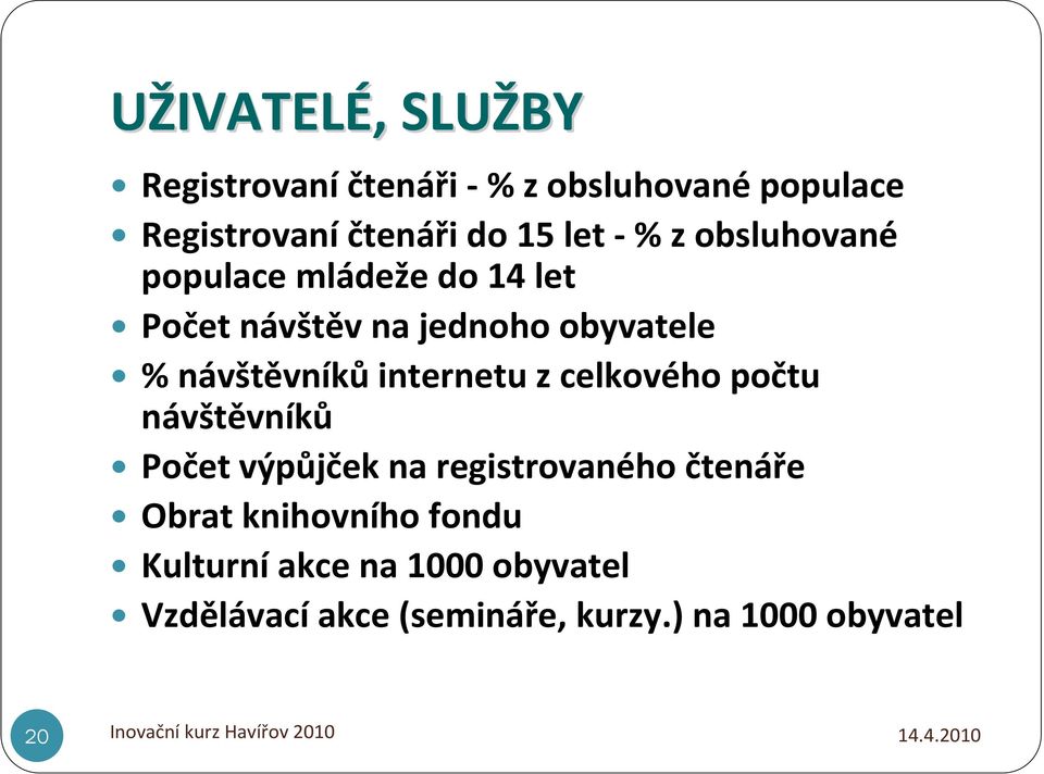 návštěvníkůinternetu z celkového počtu návštěvníků Počet výpůjček na registrovaného čtenáře