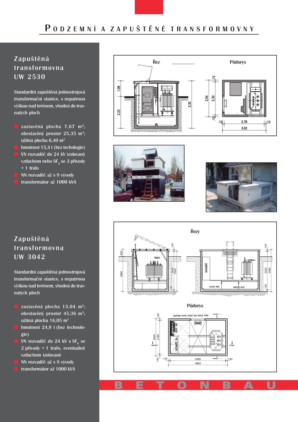 kva Zapuštěná transformovna UW 3042 Řezy Standardní zapuštěná jednostrojová transformační stanice, s nepatrnou výškou nad terénem, vhodná do travnatých ploch zastavěná plocha 13,04 m 2 ; obestavěný