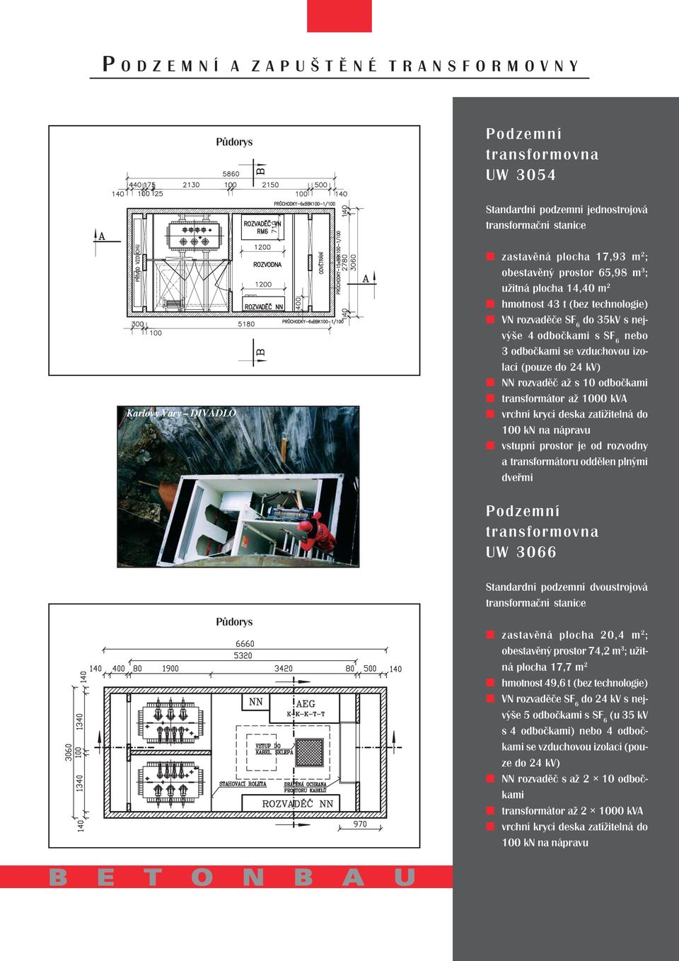 vrchní krycí deska zatížitelná do 100 kn na nápravu vstupní prostor je od rozvodny a transformátoru oddělen plnými dveřmi Podzemní transformovna UW 3066 Půdorys Standardní podzemní dvoustrojová