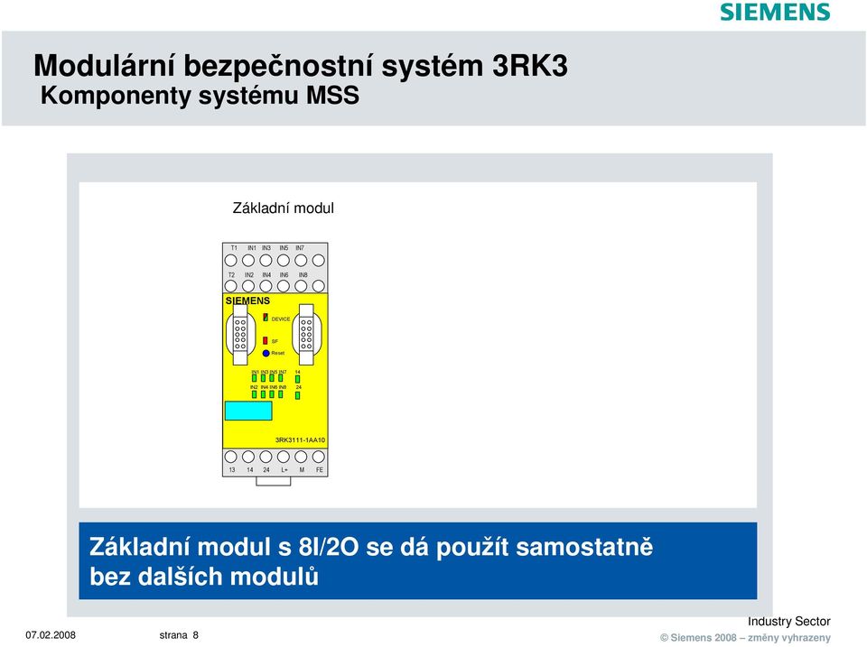 3RK3111-1AA10 13 14 24 L+ M FE Základní modul s 8I/2O se dá použít