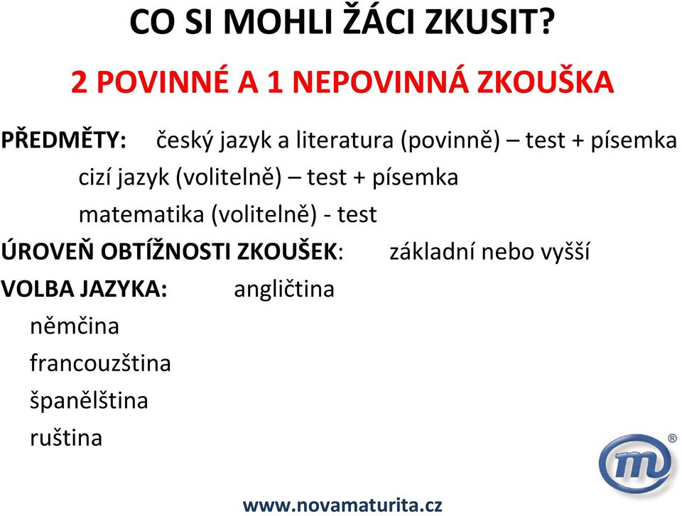 (povinně) test + písemka cizí jazyk (volitelně) test + písemka matematika