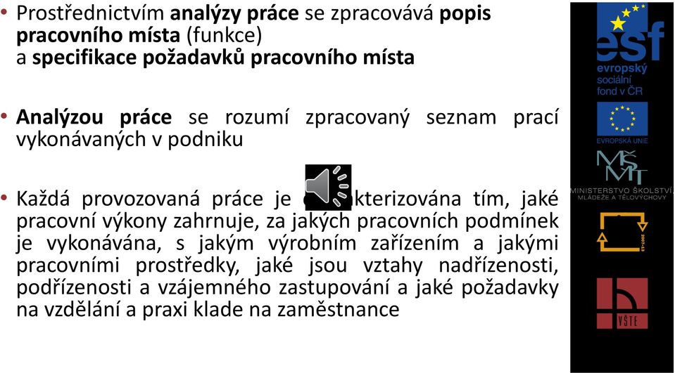 jaké pracovní výkony zahrnuje, za jakých pracovních podmínek je vykonávána, s jakým výrobním zařízením a jakými pracovními