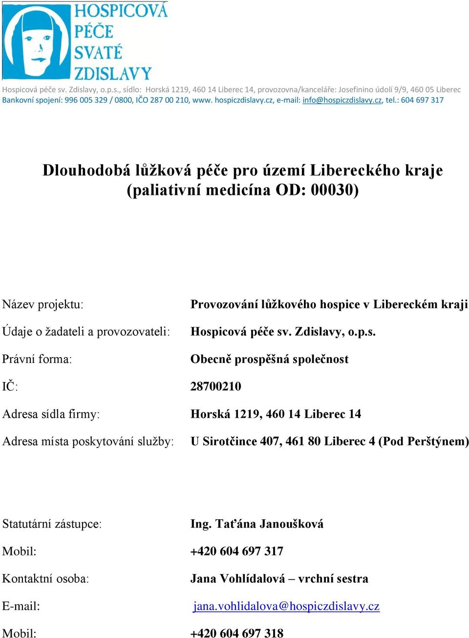 : 604 697 317 Dlouhodobá lůžková péče pro území Libereckého kraje (paliativní medicína OD: 00030) Název projektu: Údaje o žadateli a provozovateli: Právní forma: Provozování lůžkového hospice v