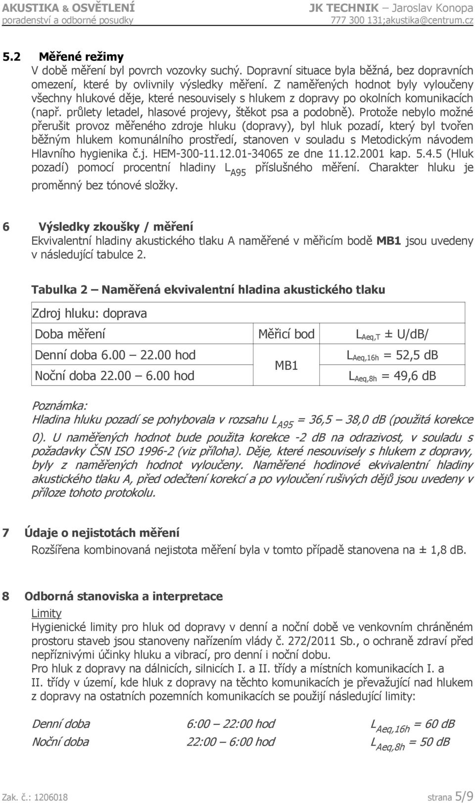 Protože nebylo možné přerušit provoz měřeného zdroje hluku (dopravy), byl hluk pozadí, který byl tvořen běžným hlukem komunálního prostředí, stanoven v souladu s Metodickým návodem Hlavního hygienika