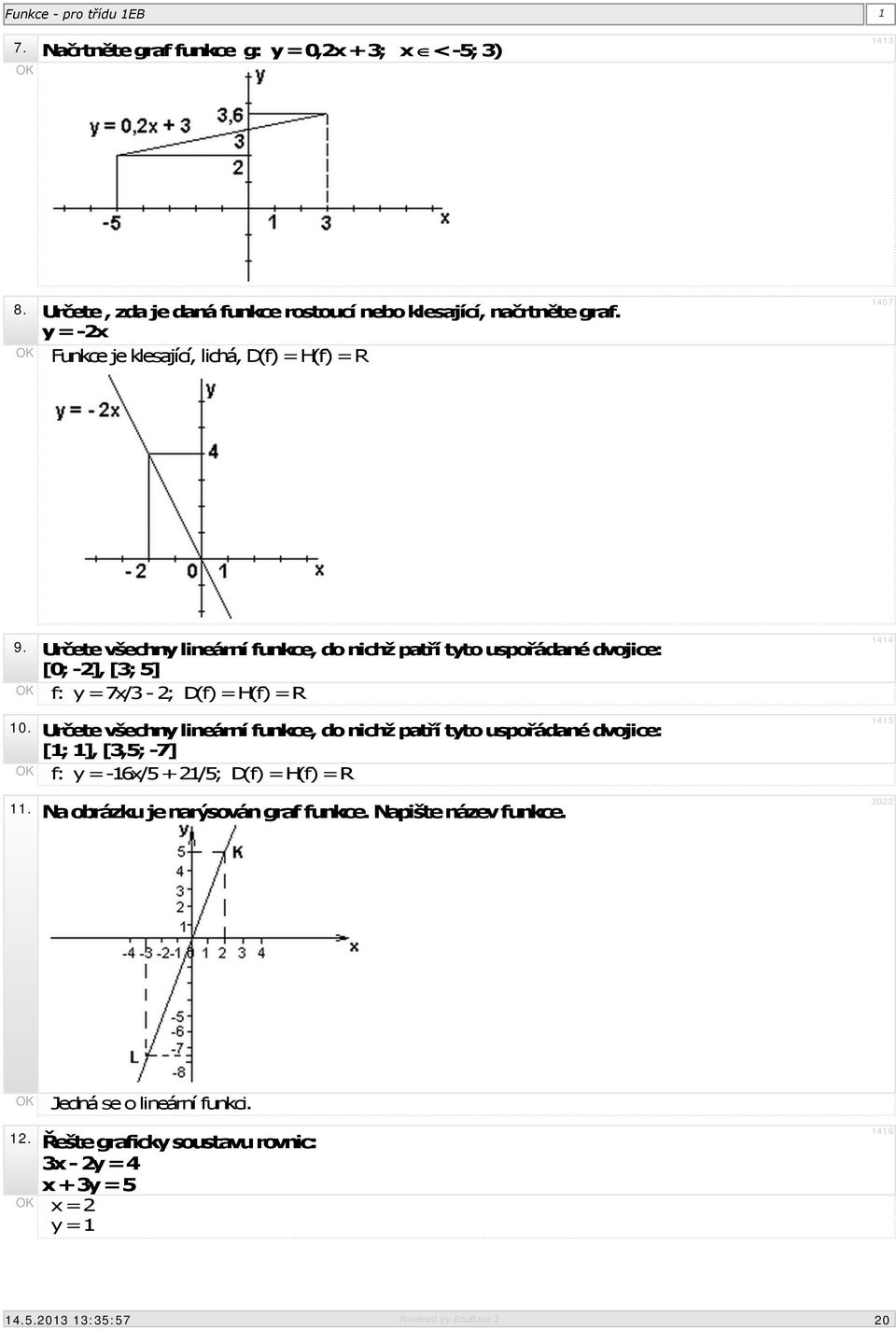 Určete všechny lineární funkce, do nichž patří tyto uspořádané dvojice: [0; -2], [3; 5] f: y = 7x/3-2; D(f) = H(f) = R 10.