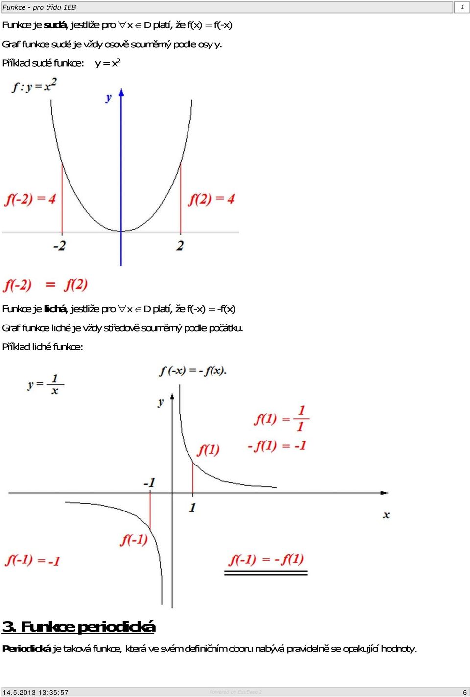 Příklad sudé funkce: y = x 2 Funkce je lichá, jestliže pro x D platí, že f(-x) = -f(x) Graf funkce