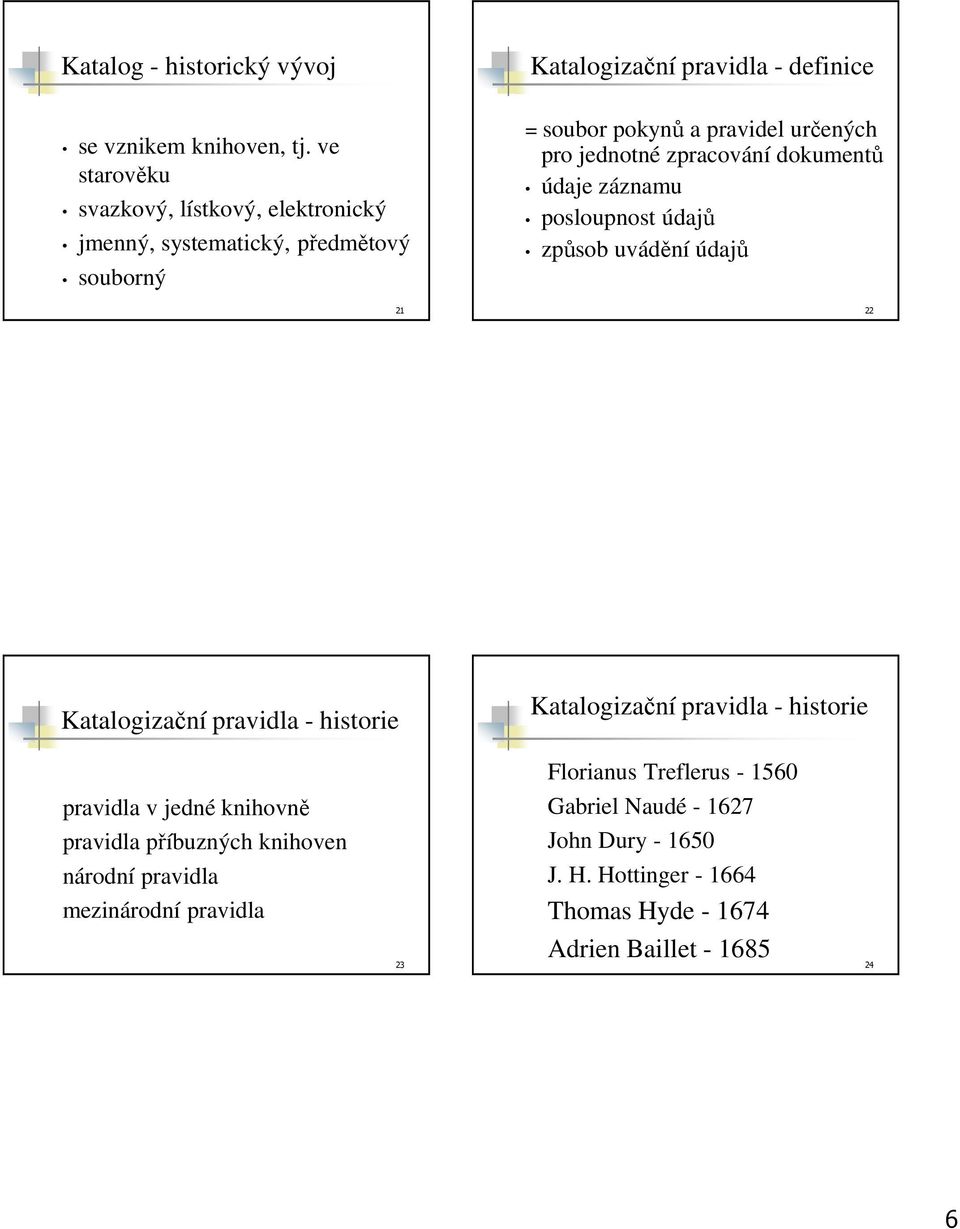 určených pro jednotné zpracování dokumentů údaje záznamu posloupnost údajů způsob uvádění údajů 21 22 Katalogizační pravidla - historie Katalogizační