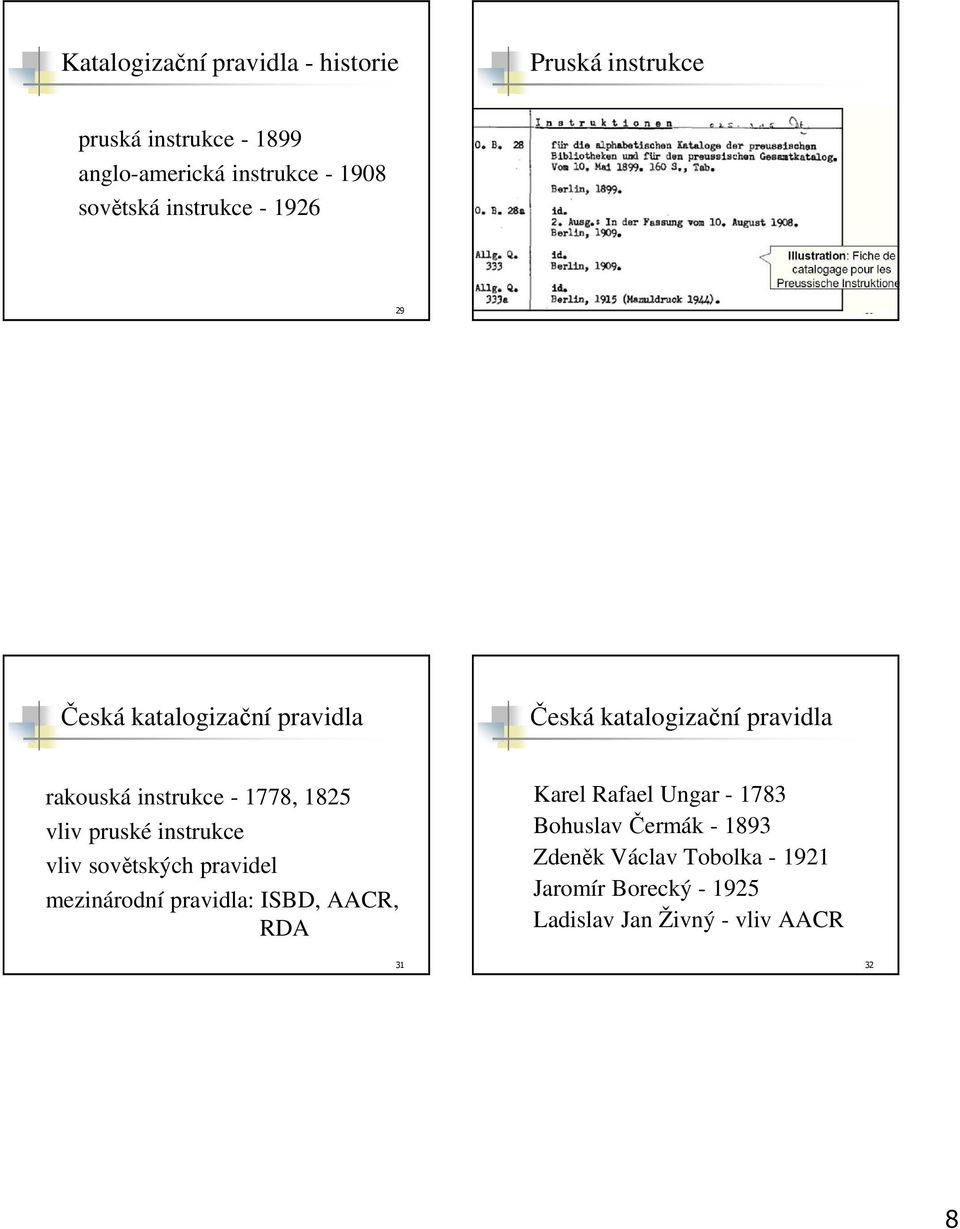 1778, 1825 vliv pruské instrukce vliv sovětských pravidel mezinárodní pravidla: ISBD, AACR, RDA Karel Rafael