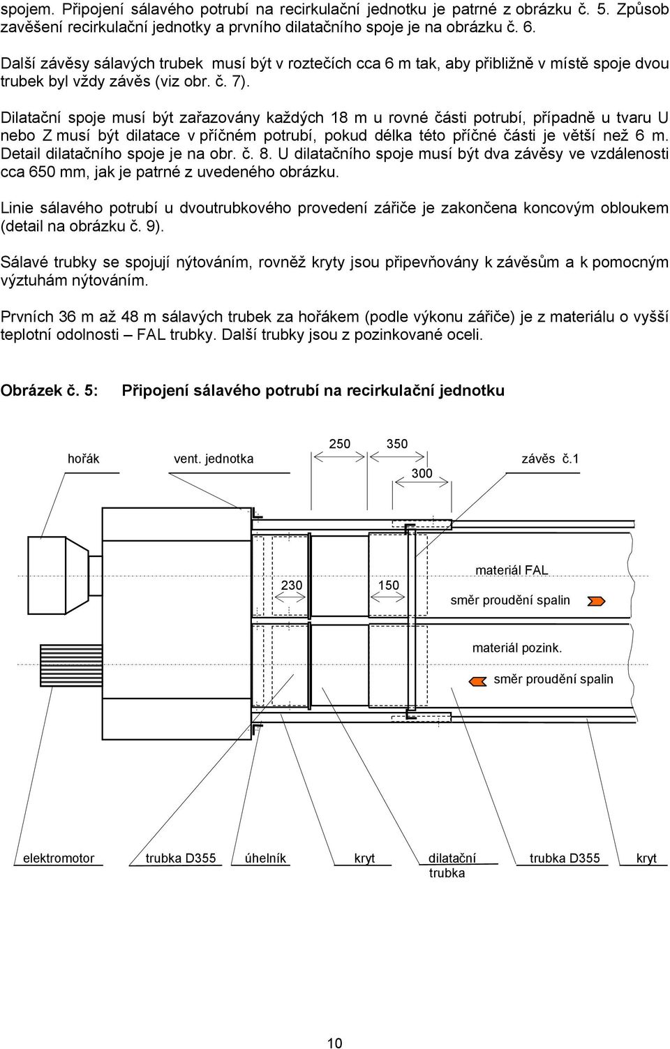 Dilatační spoje musí být zařazovány každých 18 m u rovné části potrubí, případně u tvaru U nebo Z musí být dilatace v příčném potrubí, pokud délka této příčné části je větší než 6 m.